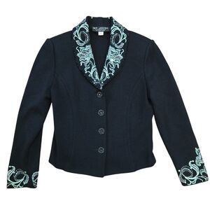 St. John Women Black jacket Sz 6 Embroidered Green Studs Rhinestone Santana Knit